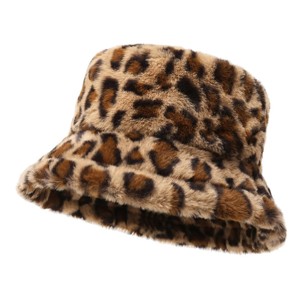 Leopard Print Faux Fur Bucket Hat