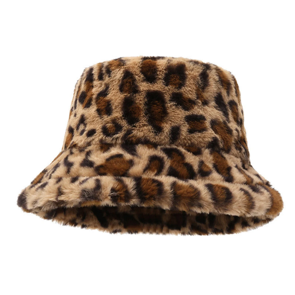 Leopard Print Faux Fur Bucket Hat