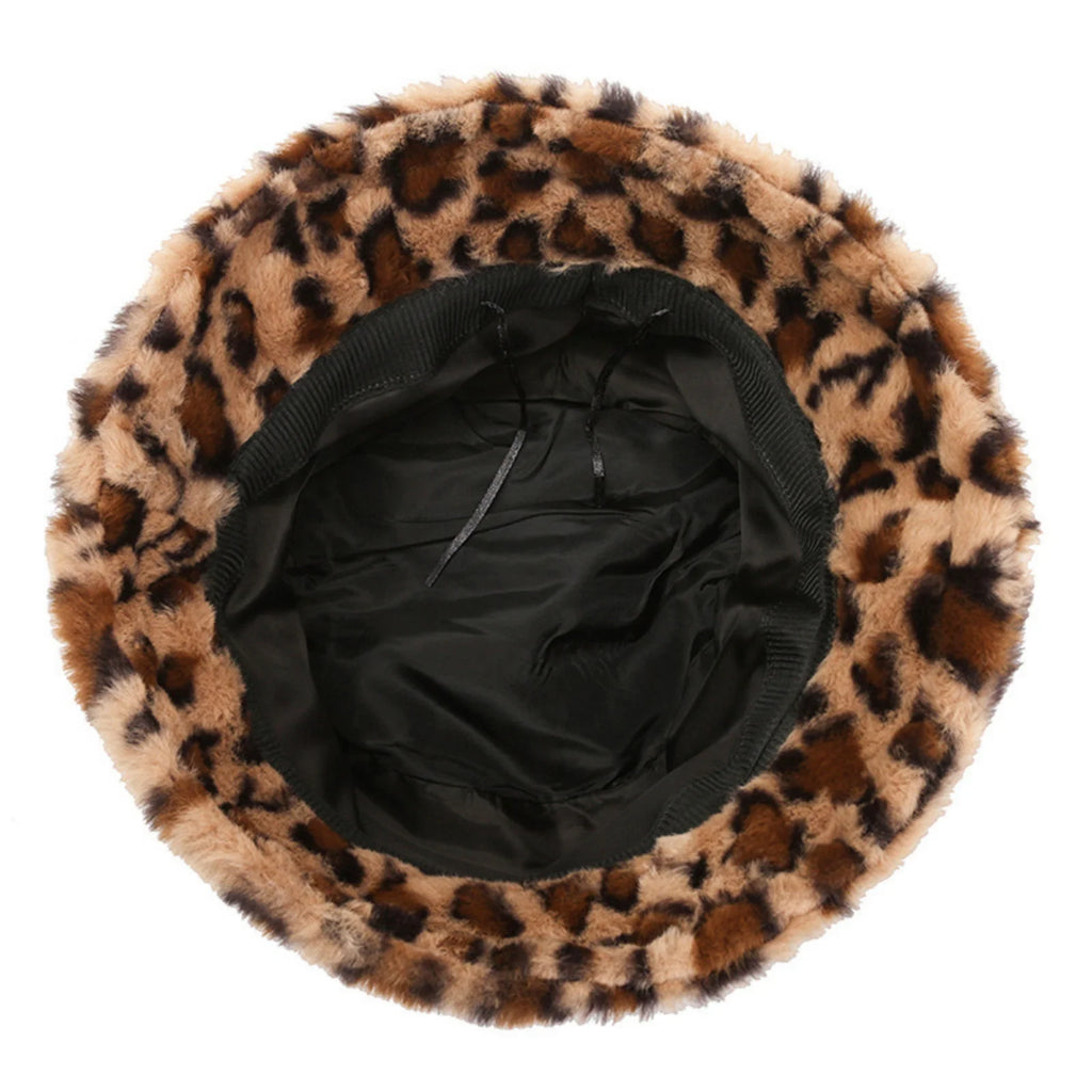 Leopard Print Faux Fur Bucket Hat
